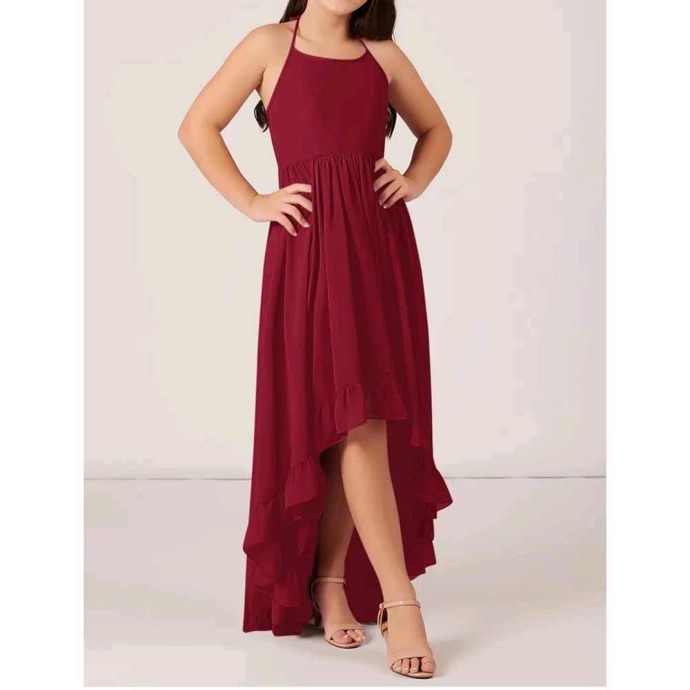 Azazie Sarafina Burgundy Halter High Low Junior Bridesmaid Dress Lace Wine J14